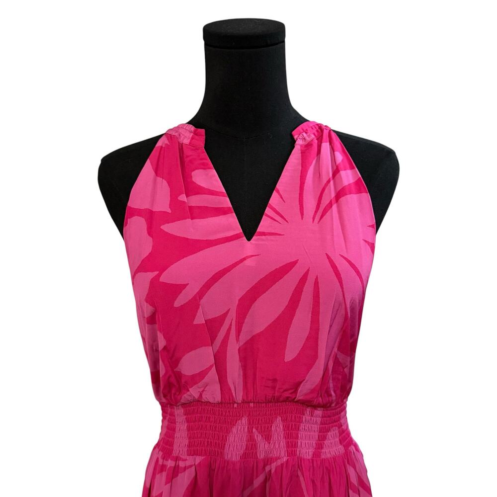 Caballero Sleeveless Dress Smocked Waist High Low Hem Tropical Print Pink Medium - Picture 2 of 9